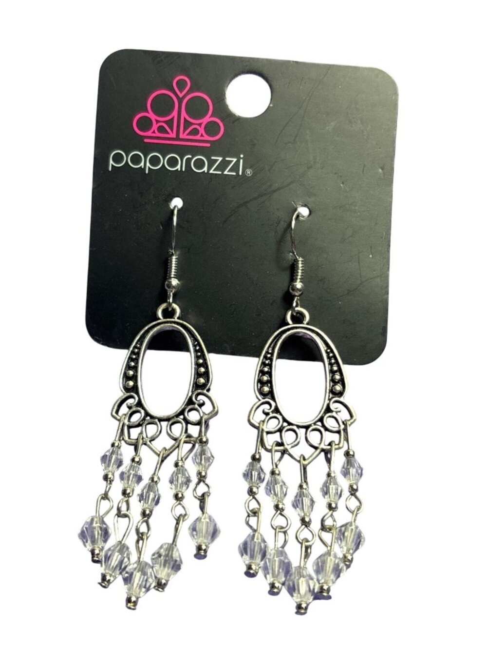 Paparazzi Silvertone Oval Dangle Earrings Clear Faceted Beaded Fringe 2 inch New